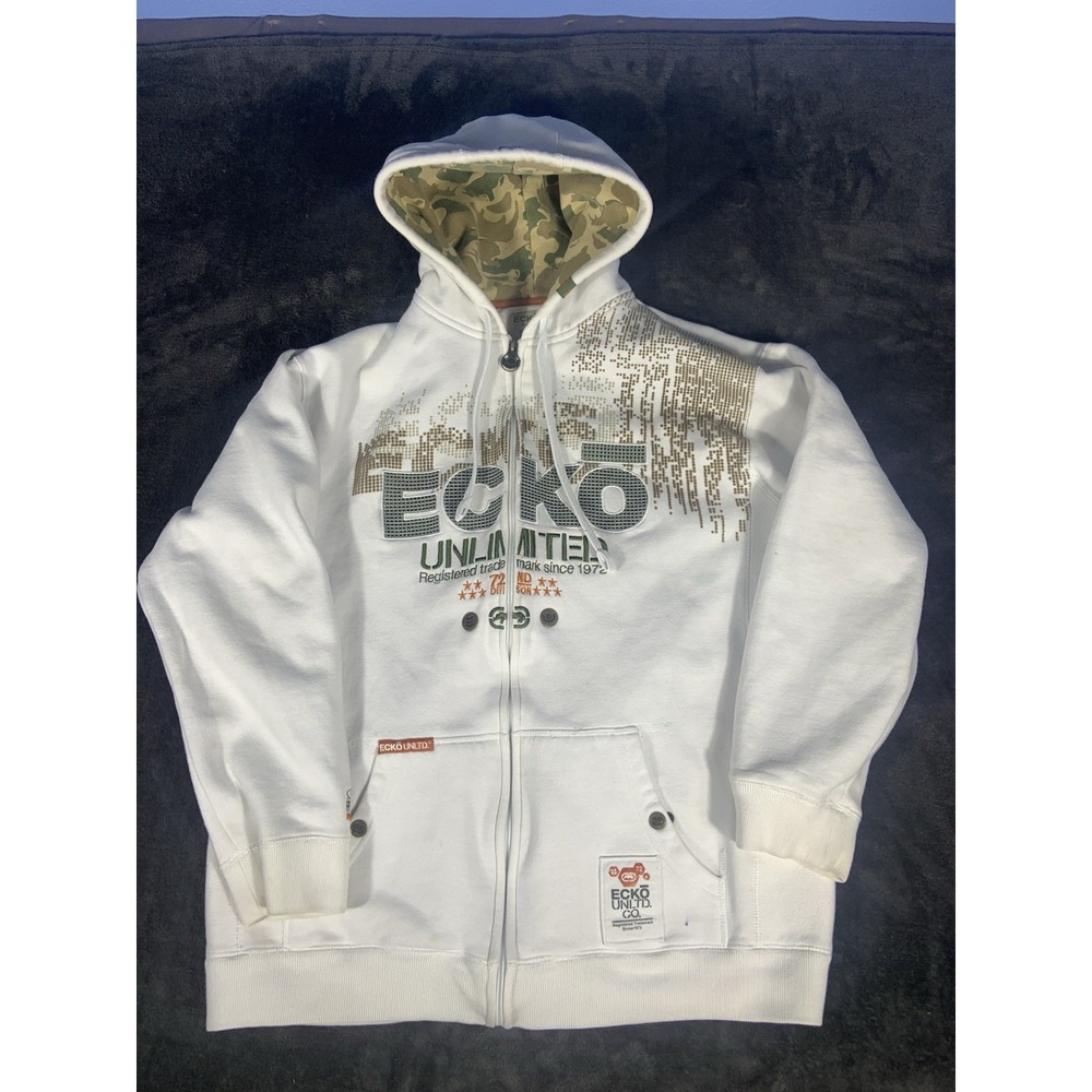 Vtg Ecko Unltd Y2K White Full Zip Hoodie Big Graphic Size Large
